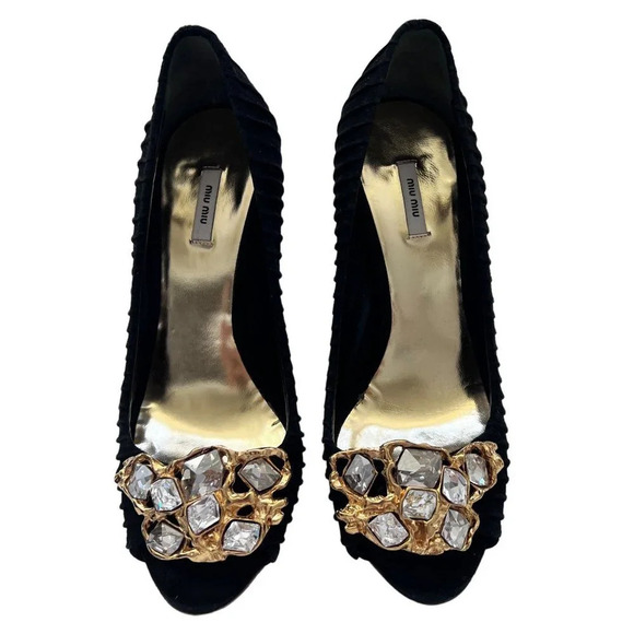 Miu Miu Black Suede Crystal Peep Toe Pumps - Picture 4 of 11